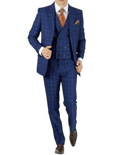 Kromoc Men's 3-Piece Plaid Suit for Formal Bussiness Wedding Prom Tuxedos Jacket Vest Pants