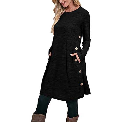 Jumper Dress for Women Ladies Casual Crew Neck Knitted Midi Dress Long Sleeve Dress Button Tunic Dress with Pockets for Party Cocktail Vatican Work