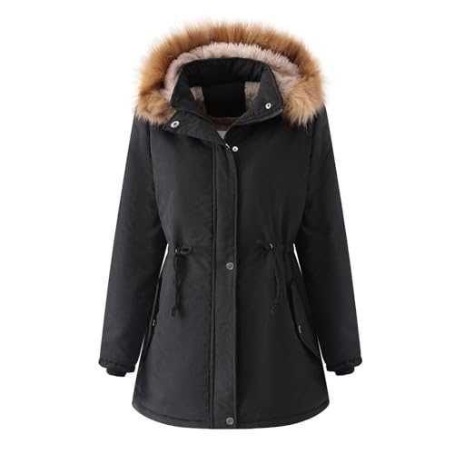 Womens Jacket Fashion Button Drawstring Waist Jacket Zip Up Removable Hoodie Pockets Long Warm Winter Coat Outerwear Mens Winter Coat with Hood