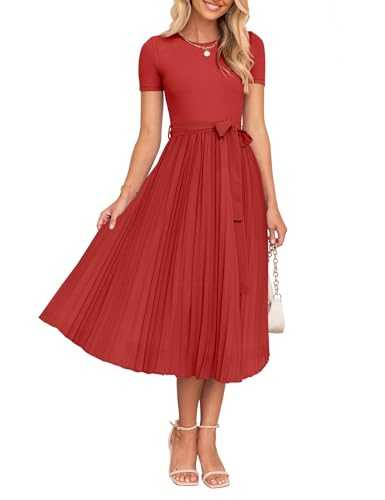 ZESICA Womens Summer Short Sleeve Midi Dresses Spring Casual Crew Neck Knit Belted Pleated A Line Flowy Wedding Guest Dress