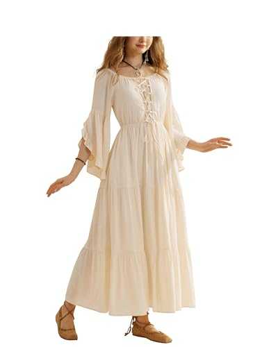 SCARLET DARKNESS Women Maxi Dresses Off Shoulder Lace-up Bell Sleeve Medieval Dress