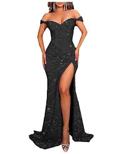 Youjiayi Mermaid Prom Dresses with Slit Long Sequin Fomral Dresses for Women Off Shoulder Evening Gowns with Train YJY84