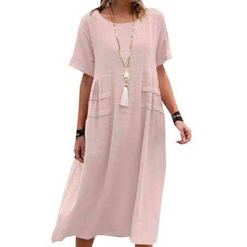 Women's Summer Loose Casual Cotton Linen Solid Colour Round Neck Short Sleeve Midi Dresses