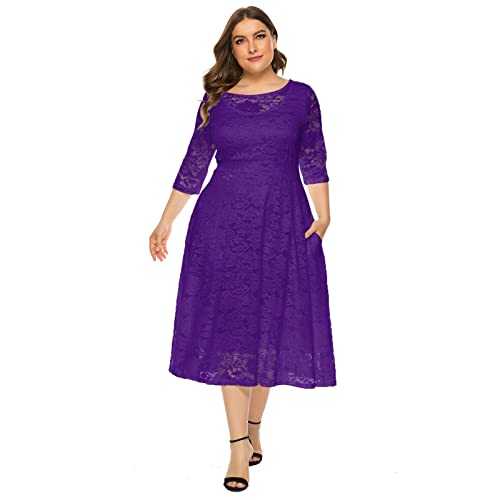 Women Plus Size Party Dress 3/4 Sleeve Floral Lace Wedding Cocktail Evening Gown Vintage Retro Swing Midi Dress with Pockets
