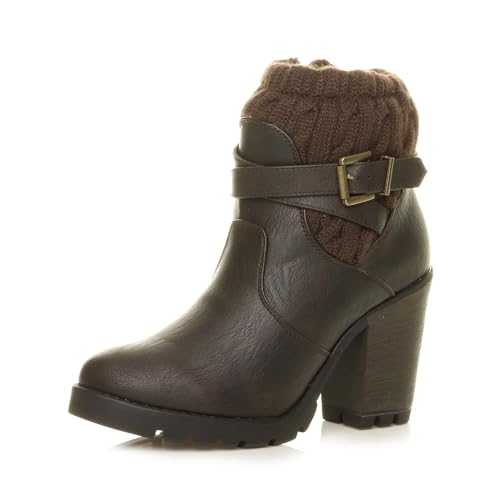 AJVANI Womens ladies high block heel knitted collar winter military army combat biker zip ankle boots booties size