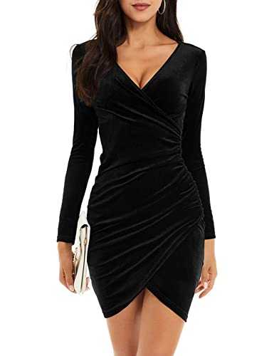 Niwicee Womens Dress Velvet Ruched Bodycon Dress V Neck Long Sleeve Wrap Dresses Mini Prom Dress Ladies Elegant Evening Dress Cocktail Party Midi Dresses