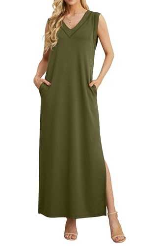 GRECERELLE Womens Dresses Summer Maxi Long Dress with Pockets V Neck Casual Dress for Women Elegant Ladies Holiday Sleeveless Split Hem