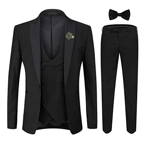 YOUTHUP Men's 3 Pieces Suit Slim Fit Wedding Dinner Tuxedo with Bowtie and Corsage 1 Button Blazer Waistcoat Pants