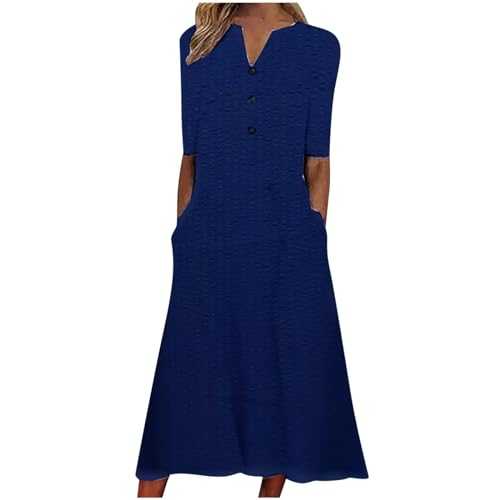 RLEHJN Midi Dresses for Women UK Elegant Summer V-Neck A Line Shirt Dress Plain Floral Long Casual Dresses Short Sleeve Sundress Vacation Daily Party Swing Dresses with Pockets Beach Wear