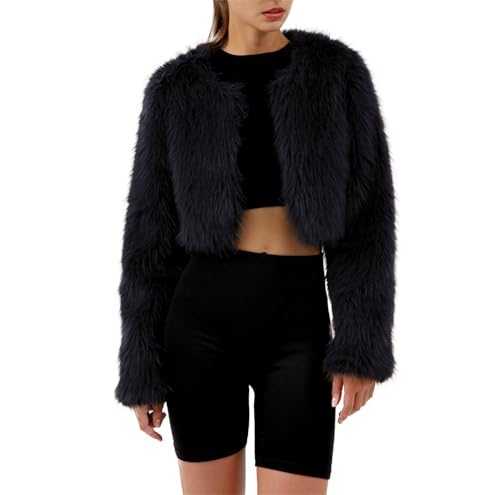 Amazhiyu Womens Faux Fur Coat, Winter Long Sleeve Jacket Crew Neck Open Front Outwear Plush Warm Cardigan