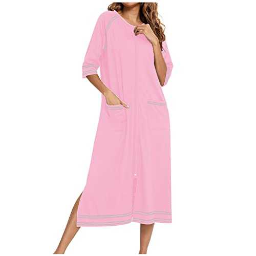 Night Dress Women UK Sale Clearance Nightshirt Stripe Sleep Dress Zip up Crew Neck Nighties Comfy Casual Sleepwear Baggy Long Nightgown Pajamas Summer Loungwear with Pokets