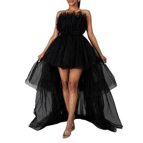 Women's Tiered High Low Prom Dress Bow Sash Tulle Homecoming Pageant Dresses Off Shoulder Ruffle Tutu Long Puffy Gown