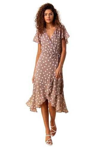 Roman Originals Frill Dress for Women UK Ladies Summer Wrap Chiffon Frilled Hem Belted Midi Maxi Tiered Cape V-Neck Special Occasion Fit & Flare Wedding Guest Swing Skater