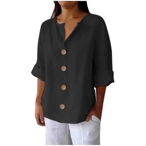 Summer Cotton Linen Shirts for Women Casual Short Sleeve Button Down V Neck Tops Dressy Trendy Solid Color Blouse Comfy Lightweight Loose Fit T-Shirt Fashion Baggy Tunic Shirt