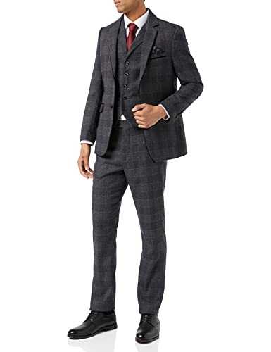 Ethan - Mens Tweed Suit 3 Piece Grey Herringbone Check Retro Classic 1920s Tailored Fit