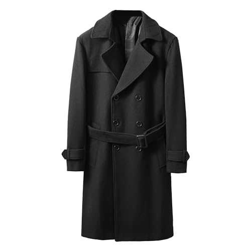 Maiyifu-GJ Men's Notch Lapel Belted Peacoat Double Breasted Slim Fit Trench Coats Casual Warm Wool Blend Coat