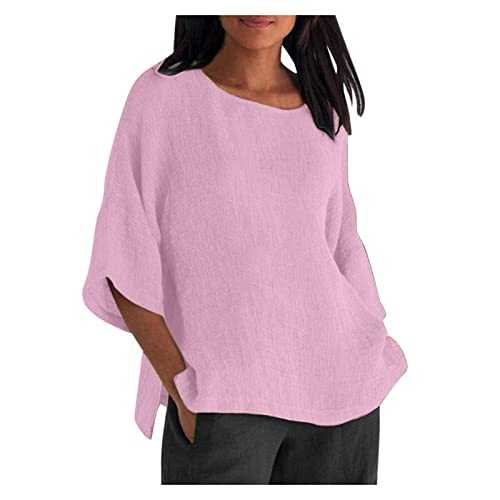 AMhomely Womens Casual Loose Blouse Linen Cotton T Shirts Half Sleeve Vintage Blouse Trendy Crewneck Summer Tops Dandelion Printed Tshirts Dressy Casual Blouse Oversized Tees Tops