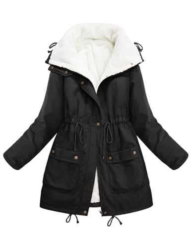 CMTOP Winter Jackets for Women Fleece Lined Women's Coats Padded Warm Winter Outerwear Plush Thermal Jackets Zip Up Lapel Womens Parka Cotton Thicken Casual Ladies Overcoat with Pockets