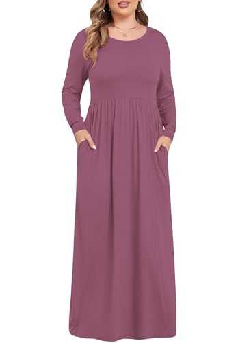 KARALIN Women's Plus Size Long Sleeve Loose Plain Casual Long Maxi Dresses with Pockets