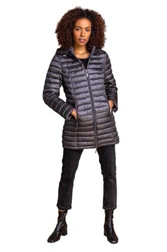 Roman Originals Women Padded Longline Coat with Hood - Ladies Zip Through Autumn Winter Long Length Lightweight Quilted Warm Cosy Everyday Zip Up Casual Jackets Coats