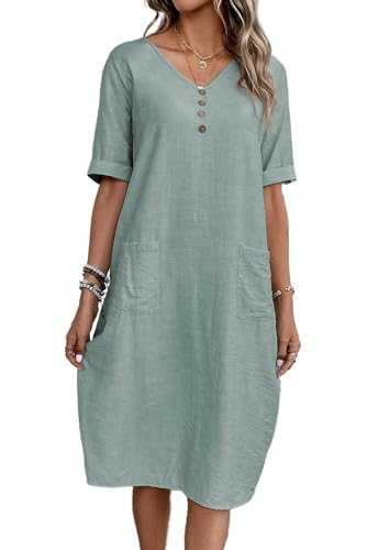 Summer Dress Women's V-Neck Linen Dresses Short Sleeve A-line Dress Midi Dress Beach Dress Casual Dress with Pockets