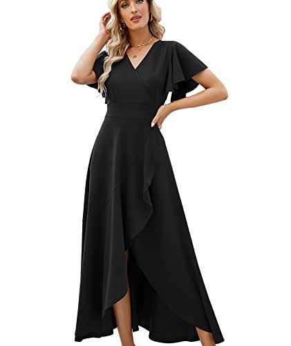 Long Black Formal Dresses for Women Gowns Evening Party Cocktail Dress,Split Elegant V Neck Wrap Ruffle Wedding Guest Dresses