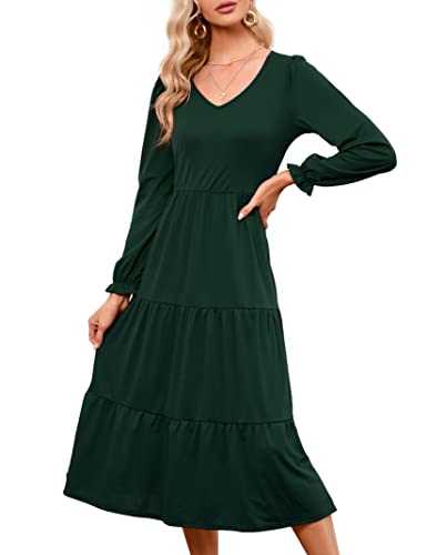 Boho Maxi Dress, Swing Shift Dress Women Tiered Midi High Waist V Neck Ruffle Puff Sleeve Casual Loose Flowy Swing