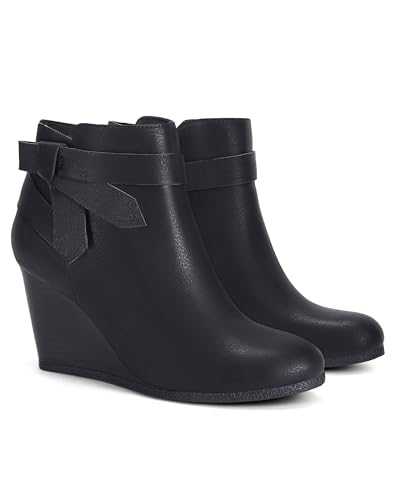 Coutgo Womens Wedge Booties Fall Ankle Boots Tie Knot Stacked Heeled Side Zipper Winter Dress Shoes