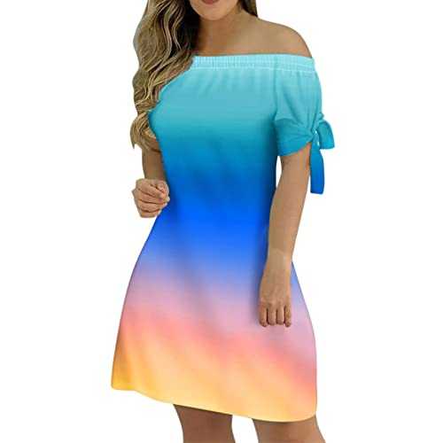 AMDOLE Surplice Dress for Women Women Fashion Casual Dresses Summer Off Shoulder Print Sexy Elegant Dress Stripped Lace up Short Sleeves Dress Summer Midi Dress