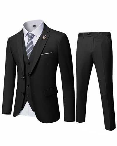 MY'S Men's 3 Piece Slim Fit Suit Set, 2 Button Blazer Jacket Vest Pants with Tie, Solid Wedding Dress Tux and Trousers