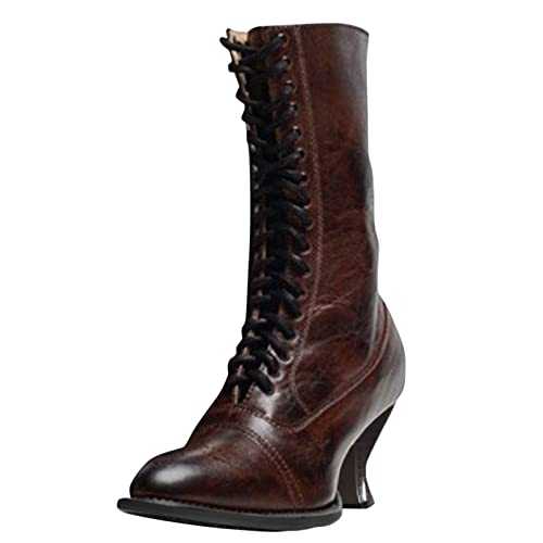 Leather Boots Ladies Womens Boots Black Retro Solid Color Stylish Lace Up Boots Heels Pointed Toe Mid Calf Boots Women Size 7 Heel Ankle Boots For Women Gothic Boots Platform Casual Shoes Dress Boots
