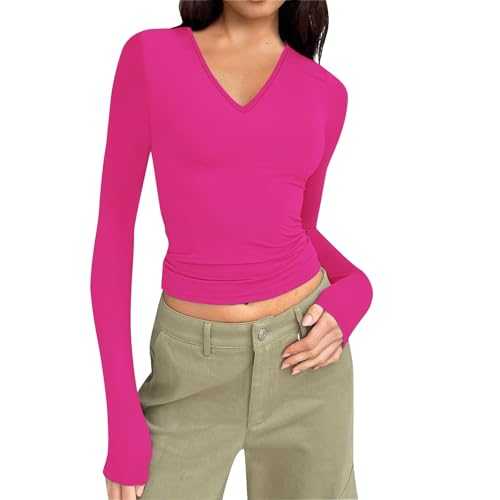 Womens Long Sleeve Crop Tops Stretchy Slimming V Neck Basic Bodycon Tunic T Shirts 2025 Spring Trendy Casual Y2K Base Layer Tee Pullover Ladies Plain Versatile Top