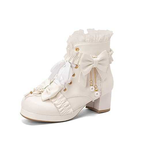 Qgtxf Ankle Boots with Pearl Bow for Women Booties Lace-up Booties Block Heel Autumn Winter PU Leather Party Ankle Shoes