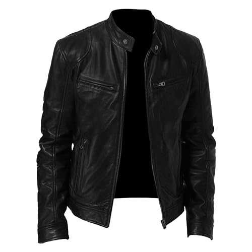 Men Faux Leather Zip Up Jacket Stand Collar Leather Motorcycle Jacket Lightweight Bomber Outwear PU Coat