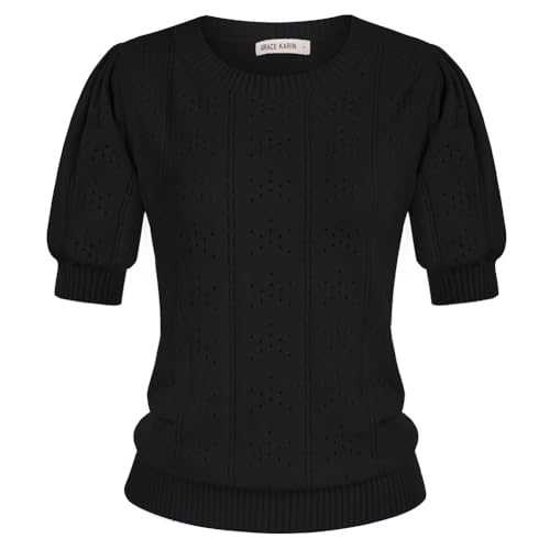 GRACE KARIN Short Sleeve Jumpers for Women UK Summer Hollowed Out Outing Daily Casual Elastic Knit Tops