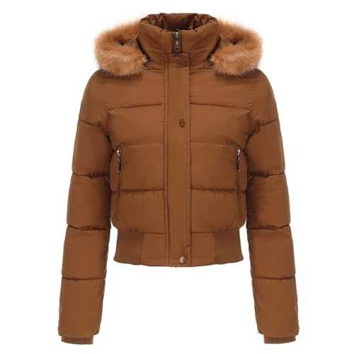 Winter Jackets for Women with Removable Hood Fleece Lined Thickened Warm Coats Women's Zip Up Oversized Cotton Jacket Short Casual Comfort Overcoat Solid Colours Long Sleeve Padded Coat