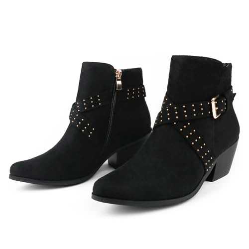 JOY IN LOVE Ankle Boots for Women Chunky Heel Western Cowboy Cowgirl Boots Zipper Booties