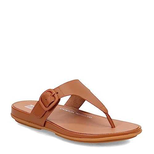 Women's Gracie Rubber-Buckle Leather Toe-Post Sandals Flat, Light Tan, 4 UK