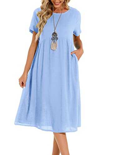 Lpecmin Womens Summer Dresses Casual Short Sleeve Round Neck Midi A Line Cotton Linen Sundress with Pockets