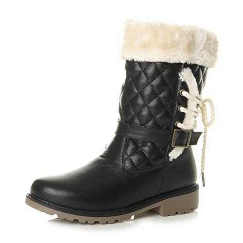 AJVANI Womens Ladies Flat Low Heel Warm Fleece Faux Fur Lined Snow Winter mid Calf Boots Size