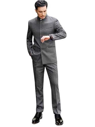 Pkrboro Men's Two Piece Suit Single Breasted Stand Lapel Tuxedos Jacket Pants