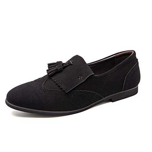 JINGGEGE Men's dress shoes on one foot Tassels Loafer for Men Almond Toe Brogue Wingtip Faux Suede Patchwork Tassel Tongue Slip on Block Heel Rubber Sole Solid Color Men's leather shoes