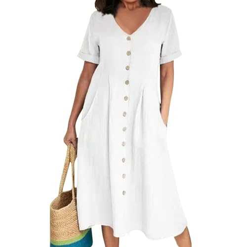 HYEMOZ Dress for Women Roll Sleeve Button Down Dress Short Sleeve V Neck Casual Shirt Cover up Dress