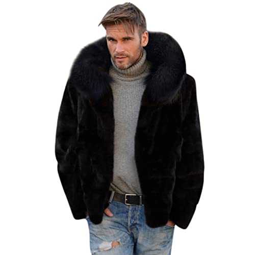 Men's Fluffy Faux Fur Coat Long Winter Fur Collar Black Jacket Warm Furry Overcoat Outwear Thicken Outercoat with Long-Woolen Trim Furry Cardigan Halloween Fancy Dress