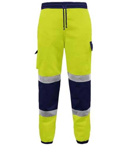 Hi Vis Viz Joggers Slim Fit Reflective Tape Stripe Band Trousers High Visibility Safety Workwear Two Tone Jogging Bottoms Security Thick Brush Fleece Sweat Jog Combat Tracksuit Pants Size S-4XL