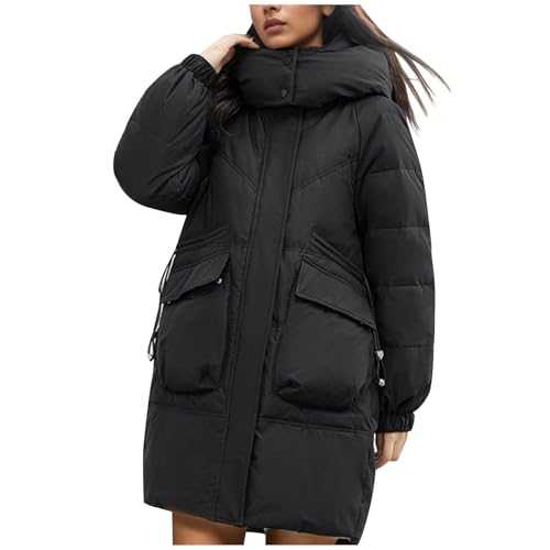 Yolimok Women Down Jacket with Removable Hood Mid Length Padded Coats Winter Warm Thicken Coats Puffer Jackets Long Sleeved Warm Cotton Jacket Outdoor Windproof Down Coats with Pockets
