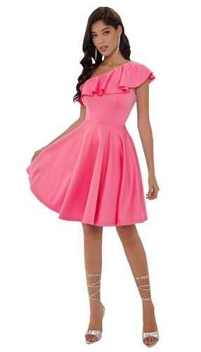 Elegant One Shoulder Pink Cocktail Dress for Women Midi Formal A-line Dress Ruffles Wedding Guest Dresses