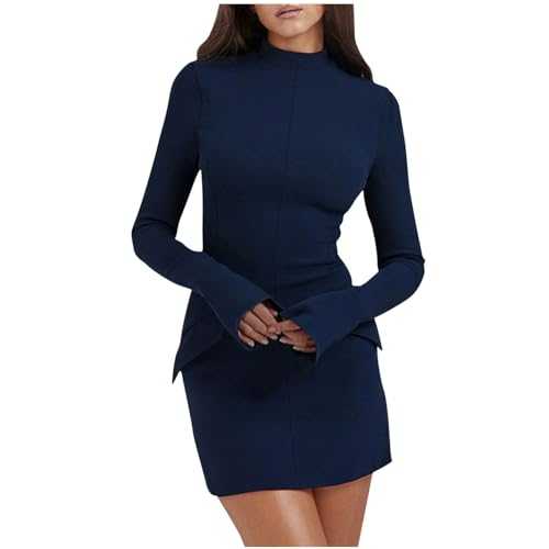 RLEHJN Bodycon Dresses for Women UK Elegant Sale Clearance Office Work Dresses Solid Color Casual Dresses Ladies Pencil Round Neck Long Sleeve Tunic Dresses for Going Out S-3XL