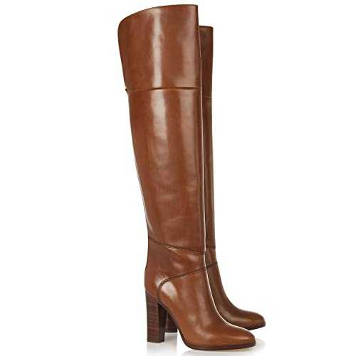 bbruriy Women's Winter Over The Knee Boots Chunky Heels Thigh High Boots Block Heeled PU Leather Sexy High Heel Knee High Boots Pull on Pointed Long Boots