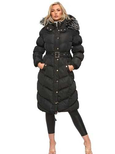 kraftd Women's Hooded Coat Longline Belted Padded Bubble Winter Warm Long Jacket Puffer Coats With Removable Faux Fur Hood